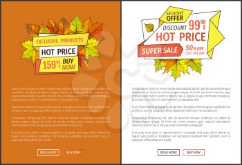 Hot price exclusive products buy now at super hot offer 159.90 promo posters with oak and maple leaves, text. Autumn season discounts Thanksgiving vector