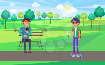 Student teenagers relaxing in park together vector. Person looking at mobile phone screen and smiling. Boy riding hoverboard and gyroscooter with vape