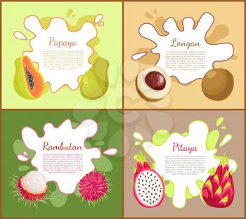 Papaya and longan, rambutan an pitaya posters with lush succulent tropical fruit and text sample set. Healthy organic exotic vegetarian products vector