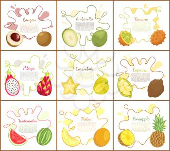 Longan and pitaya posters with text set. Carambola slice in form of star, ambarella and cupuacu, Pineapple and kiwano exotic product, lush meal vector