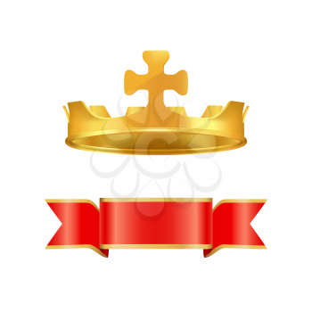 Ribbon and crown with cross on center. Banner with yellow edges and round gold coronet. Precious corona icon of queen or princess isolated vector