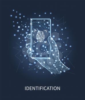Identification mobile phone with print vector. Scanning system in smartphone, human man hand and gadget with authorization equipment and recognition