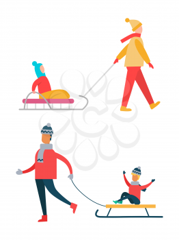 Father carrying child on sleigh, mother walks with daughter on sledge, family spending time together during winter holidays, vector illustration
