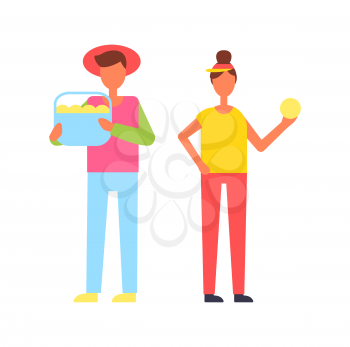 Harvest gathering of fruits into bucket held by young man wearing hat. Farmers female and male collecting ripe plants seasonal autumnal job vector