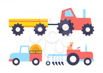 Cars with equipment working on farm cartoon vector icon. Tractor with empty trailer, truck with bales of hay and cat driving small machine with plow