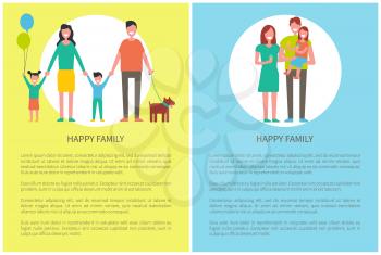 Happy family with pet posters and text sample. Daughter holding balloons, little girl eating ice cream dessert. Parents and children spend time vector