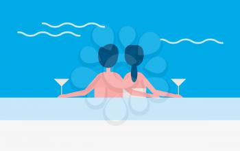 Couple in love sitting by poolside enjoying together and drinking alcoholic beverages. Romantic man and woman in swimming pool cuddling people vector