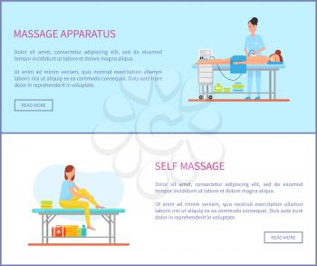Massage apparatus special machinery for treatment vector. Posters set with text sample, massaging woman and male lying on table. Self care of female