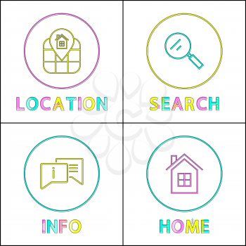 Information retrieval for object depiction icons set. Location and home, search and information minimalistic vector color symbols in line design.