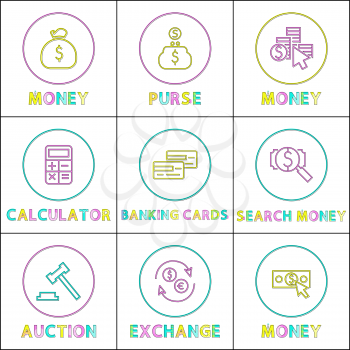 Money operations icons set vector illustration, isolated in circles logos of calcutor banking cards currency exchanger and bags with dollar symbols