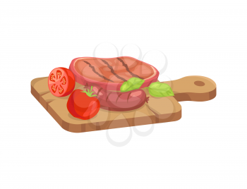 Meat for barbecue on cutting board in cartoon style. Grilled steak and sausage, sliced tomato and leaves of herbs lying on wood kitchen plank isolated