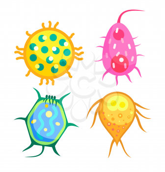Bacteria stack isolated on white banner, vector microorganism with different shape bodies and appendices, biological card with viruses and germs icons