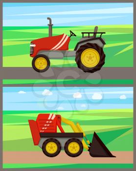 Loader and tractor on field vector. Transportation and soil cultivation, farming activities and machinery for improving lands fertility . Machines set