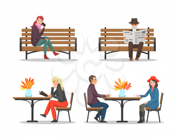 Autumn spending time people set isolated vector. Woman sitting bench talking on phone, male reading newspaper. Couple in cafe drinking coffee in cup