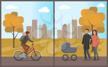 Couple with pram walking in autumn park set vector. Biker wearing helmet, riding bicycle on empty street. Cityscape with skyscrapers and building