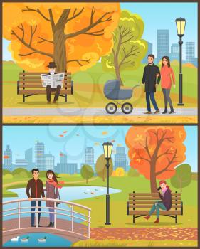 Couple standing on bridge and feeding geese birds set vector. Pensioner reading daily newspaper, family mother and father with perambulator in park