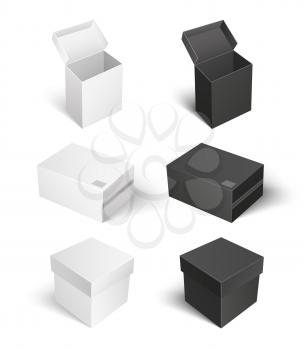 Package with caps empty containers isolated icons set vector. Square shaped carton boxes for products keeping and storage. Compact products shipping