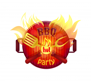 BBQ hot party barbeque isolated icon vector with text. Frying pan fire and flames and cutlery flatware. Barbecue dishware and heat to make beefsteaks