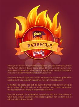 Grill barbeque party poster with burning fire, bbq festival icon on banner with text, vector advertising leaflet. Metal grate on burning wood or coals