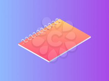 Neon notebook on spring isolated vector badge. Paper for notes, spiral notepad emblem in cartoon style 3d isometric design, journal simple sample