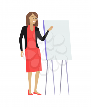 Smiling woman giving presentation using whiteboard on wooden stand, female filled with innovative ideas about theme, isolated on vector illustration