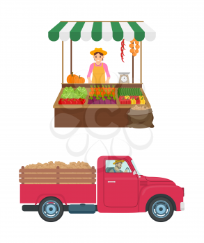 Woman selling vegetables isolated icons set. Lorry with trailer and cargo. Shelves full of carrots, pepper and tomatoes, cucumbers and cabbage vector