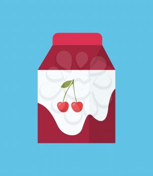 Yogurt in cartoon style icon isolated carton package. Dairy fermented milk beverage of cherry flavor in cardboard square pack, healthy food theme