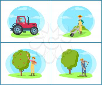 Farmer with rake working on field isolated set vector. Tractor agricultural machinery driving on land. Woman picking apples from fruit tree in pannier
