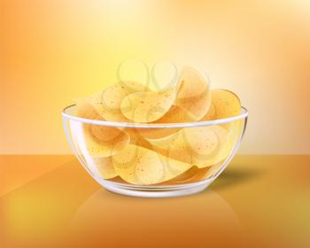 Crispy chips in glass bowl as snack to beer. Fast food meal made of fried slices of potato in heap inside dishware realistic 3D vector illustration.