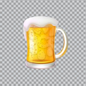 Craft beer with foam in big glass mug. Low alcohol drink made of organic hop and barley. Alcoholic beverage realistic 3D vector on transparent backdrop