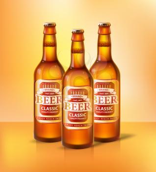 Beer classic types of alcoholic beverages poured in glass bottles. Containers with labels and insignia, emblems and info on product. Alcohol set vector