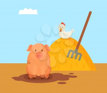 Pig and domestic hen on hay with rake. Animals breeding on farm by farmers. Mammal swine in dirt and chicken with white feathers vector illustration