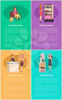 Shopping women in jewelry store poster vector. Lady relaxing on armchair with bags, mirror with reflection of lady wearing hat. Stand with cosmetics