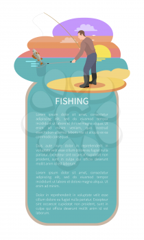 Fishing in evening poster. Fisherman with landing net and rod equipment catching perch fish haul on sunset back. Flyer with bordered text sample.