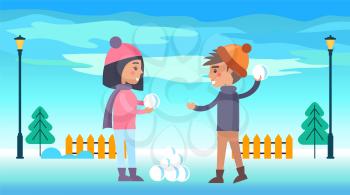 Happy couple boy with girl going to play snowballs outdoors at wintertime on background of winter landscape, fence and lanterns vector illustration.