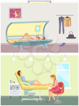 Tanning in salon and pedicure service vector. Solarium sun parlor sunroom, pedicurist skillful woman caring for clients nails. Beauty industry ladies