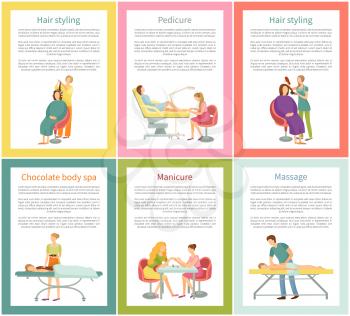 Hair styling and pedicure nails care posters set with text sample vector. Pedicurist and manicurist, chocolate body treatment, massage and masseur