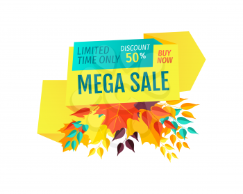 Mega sale emblem with autumn leaves bouquet. Seasonal discount logo, half price off. Fall special offer promo logotype vector illustration isolated.