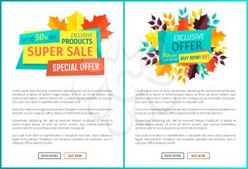 Super sale exclusive deal offer autumnal proposal. Posters set with banners and leaves. Merchandise trade of natural products on reduced price vector