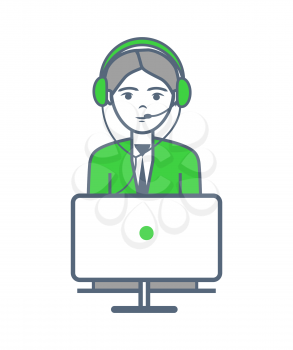 Male smart person wearing headphones isolated vector. Man working on laptop speaking and chatting with clients, support service and call center online