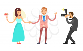 Happy couple on wedding, bride and groom and professional photographer vector isolated. Woman in engagement blue dress and man in red color suit with tie