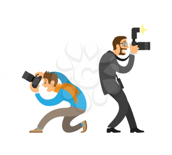 Photographer and paparazzi, modern cameras with flash. Man taking photo from bottom angle, journalist in glasses wearing suit vector illustrations.