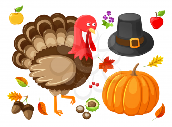 Pumpkin and turkey animal on Thanksgiving holiday isolated icons vector. Apple and acorn, chestnut and maple leaves. Apple and hat, foliage flowers