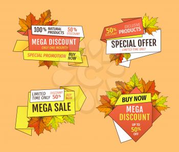 Thanksgiving offer price tags or labels templates. Promotional label with maple leaves, oak foliage autumn symbols advert emblems isolated vector