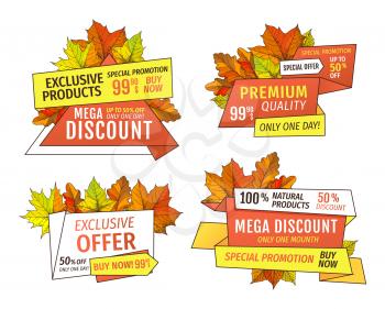 Price tags Thanksgiving offers. Exclusive final cost promotional labels with maple leaves, oak foliage autumn symbols advert emblems isolated vector