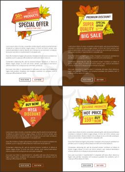 Set of mega sale autumn fall price advertisings with foliage and green and orange leaves vector. Limited time only buy now discount promo online posters