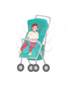 Child sitting in stroller isolated cartoon baby. Toddler in walking carriage, vector young kid in strap. Perambulator transportation item for infants
