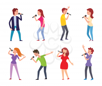 Music singers male and females performers set vector. People singing for leisure and entertainment, man and woman dancing and holding microphones