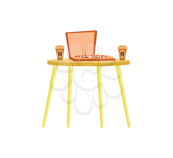 Simple urban table, serving italian pizza in paper box and disposable cups of coffee. Yellow board with fast food and caffeine isolated, furniture vector