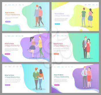 How to build happy relationship vector, people in love walking on date, calm relaxed man and woman cuddling and expressing deep feelings. Website or webpage template, landing page flat style